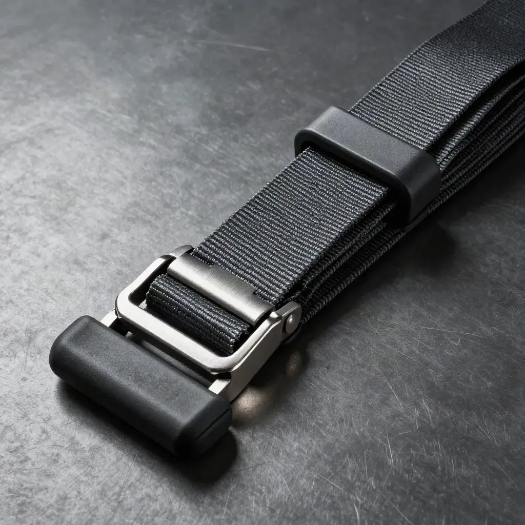 Ratchet strap, cargo latch and corner protectors on brushed steel under dramatic light