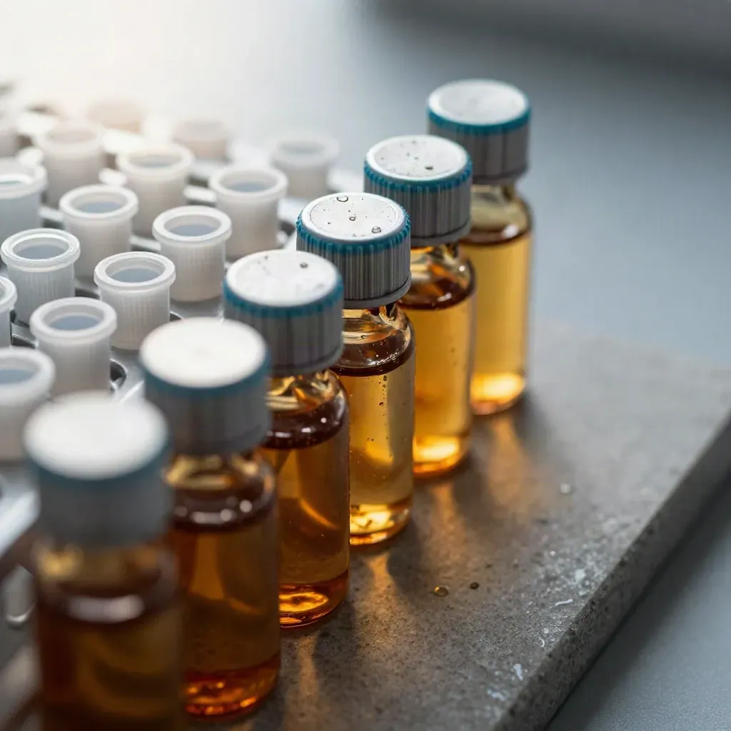 Amber sample vials and a stainless microtube rack beside a closed pipette-tip box on cool stone.