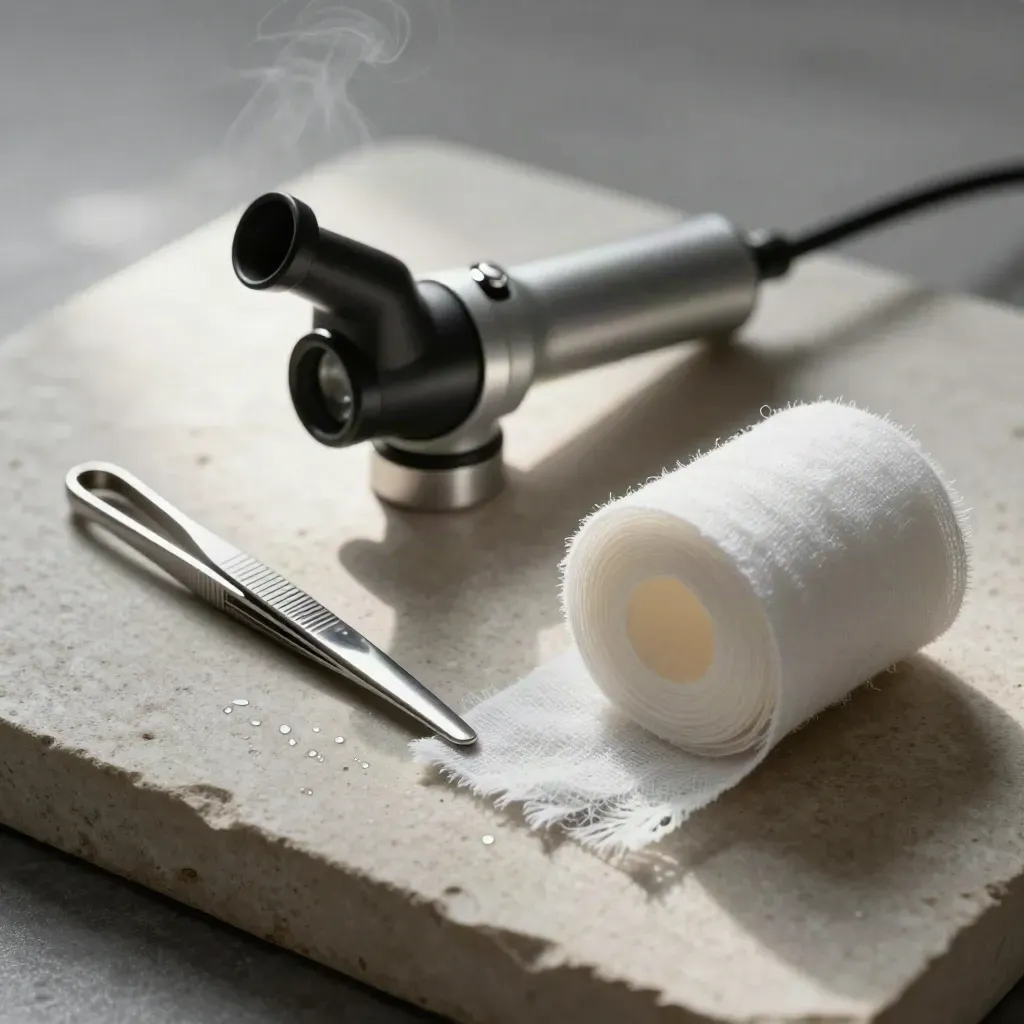 Otoscope head, gauze roll and tweezers on pale stone in soft clinic light.