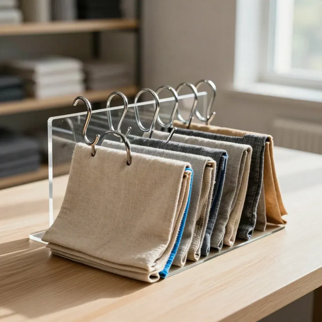 Chrome display hooks and acrylic risers with fanned fabric swatches on pale wood, blue accent