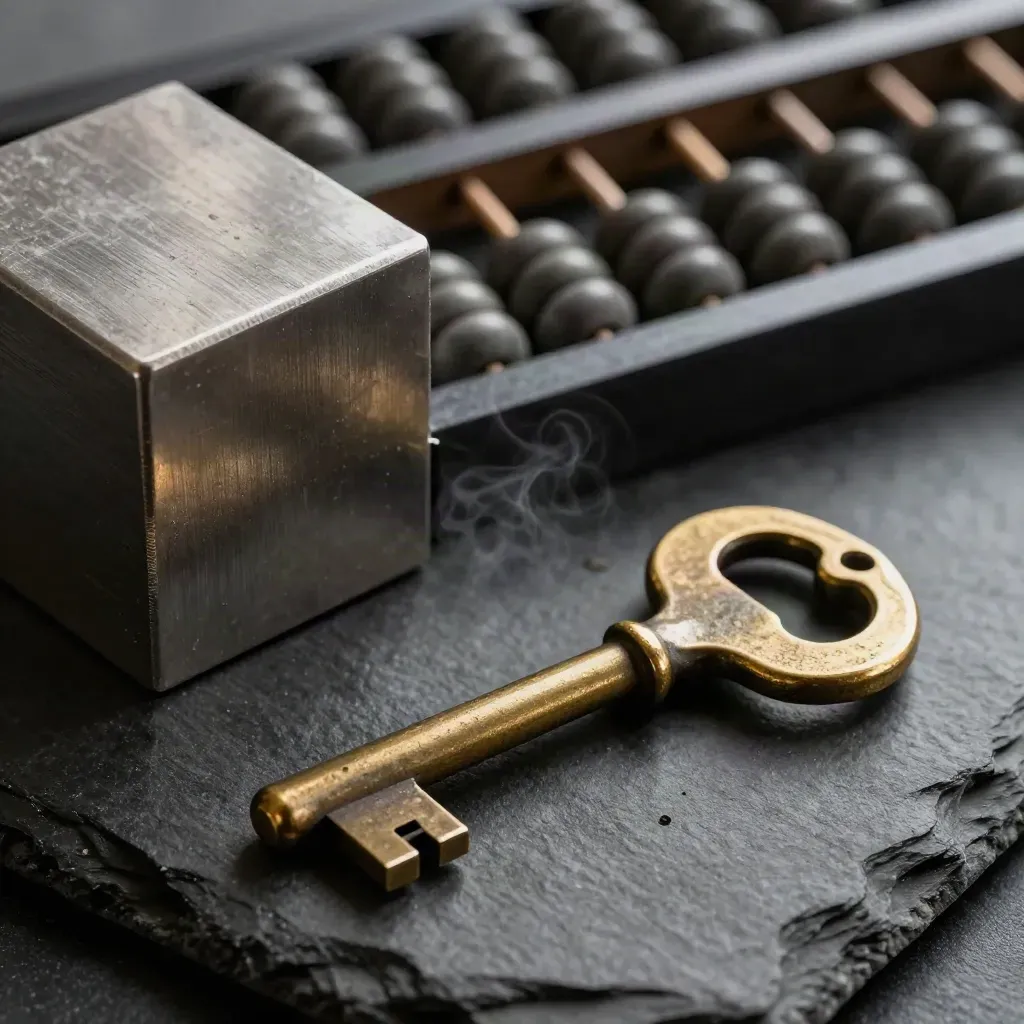 Brass vault key, abacus and metal paperweight on dark slate, lit like a premium finance still life.
