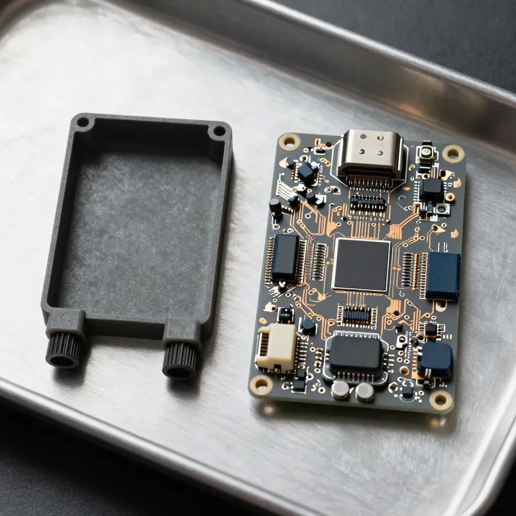 Prototype controller board, enclosure shell and standoffs on a brushed metal tray