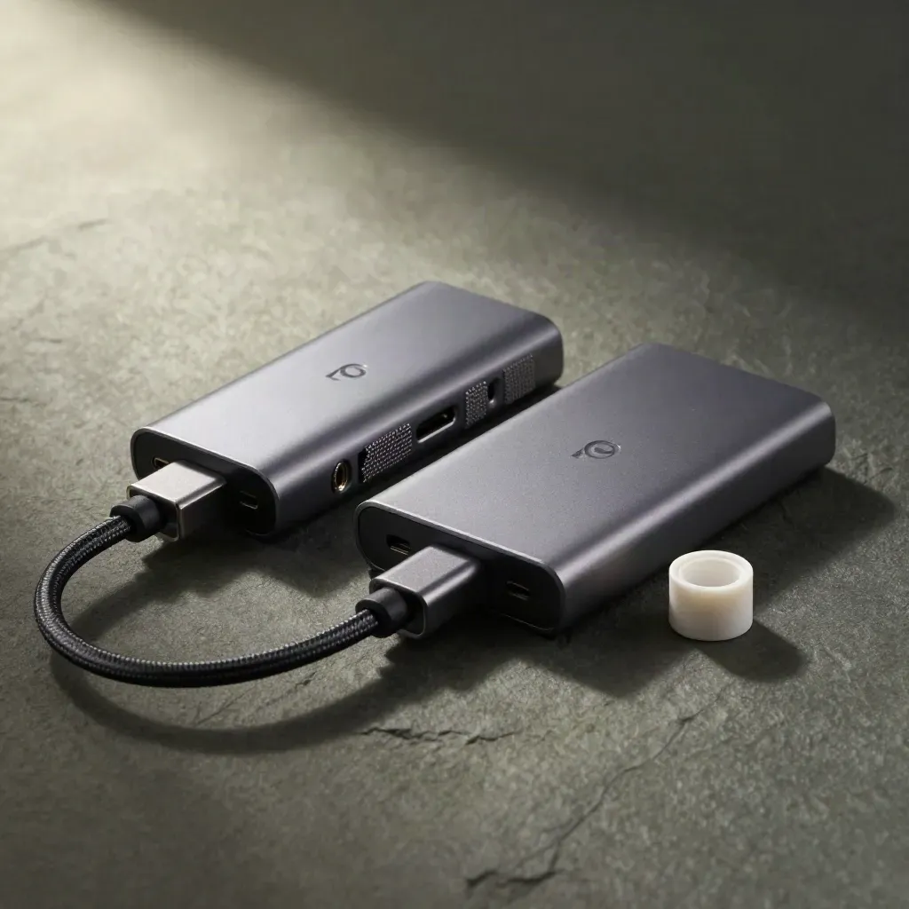 Aluminium connector block, braided USB-C hub and SSD on dark stone under soft studio light.