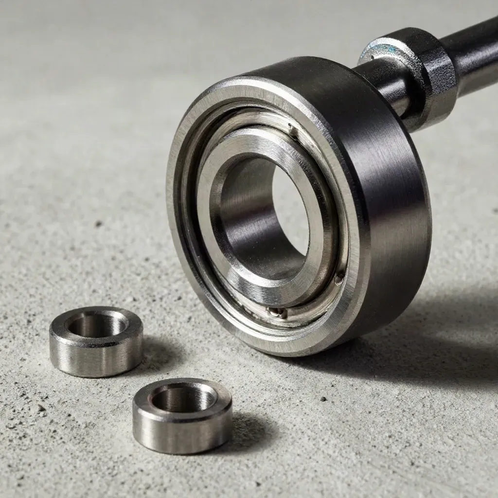 Bearing race, torque wrench head and spacers on concrete under dramatic top light.