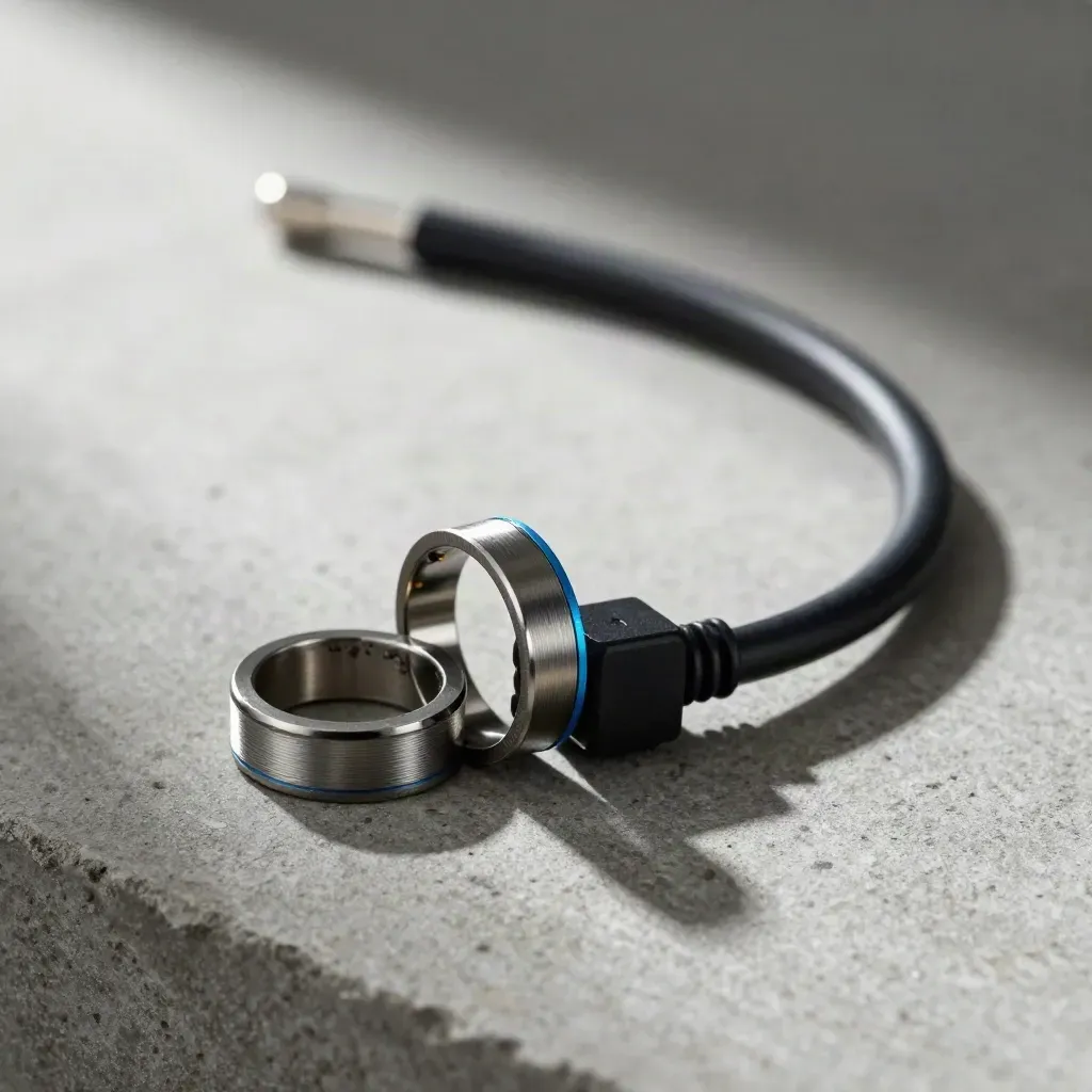 Macro of precision rings, a relay module and a coiled black cable on stone