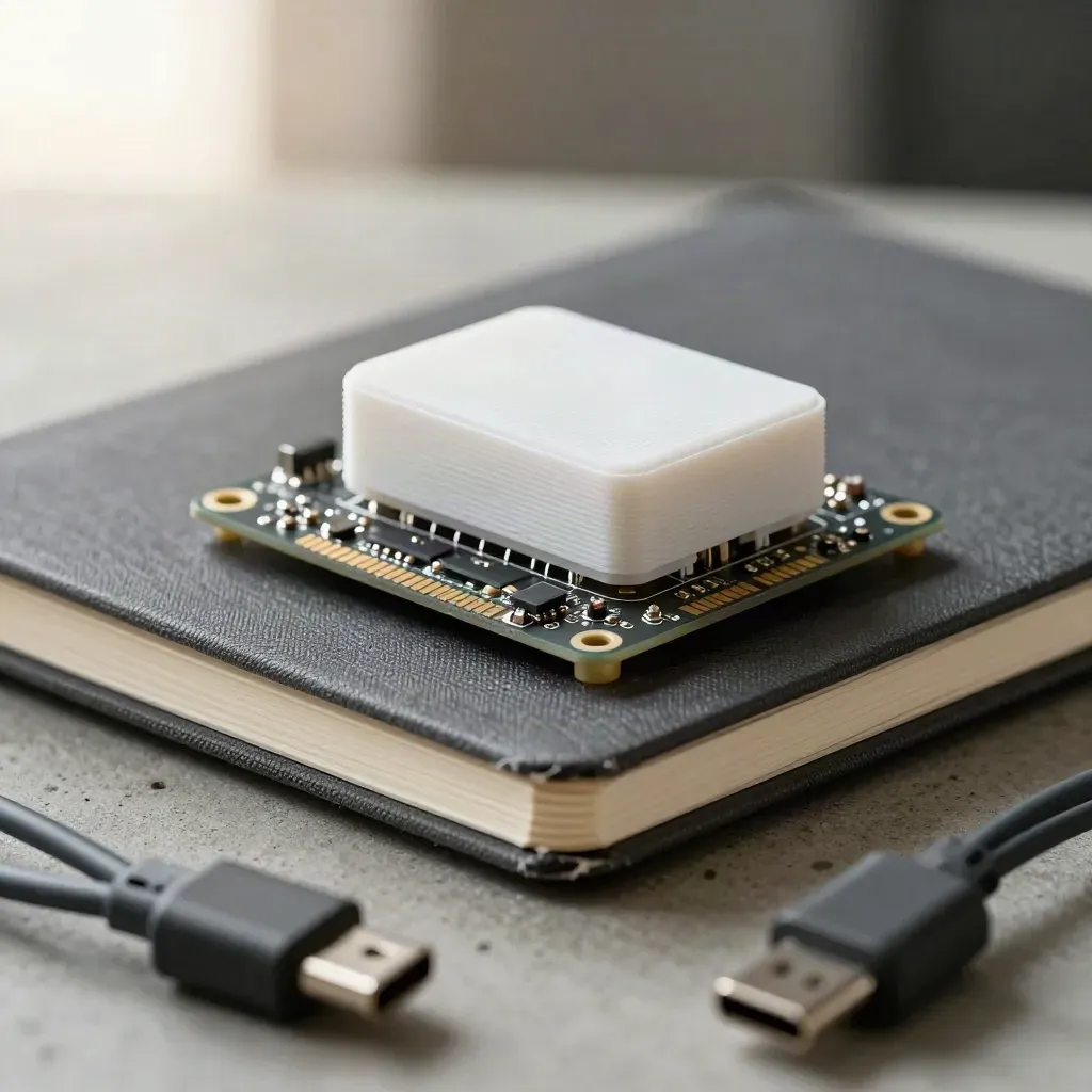 Macro prototype PCB, 3D-printed shell and notebook edge seen through blurred cables