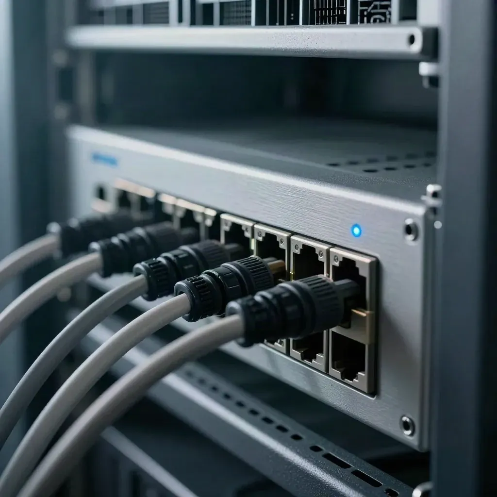 Rack patch panel and switch module close-up in a hazy server-room light.