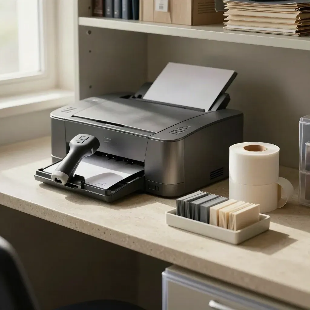Label printer, scanner dock, receipt rolls and divider tabs on pale stone.
