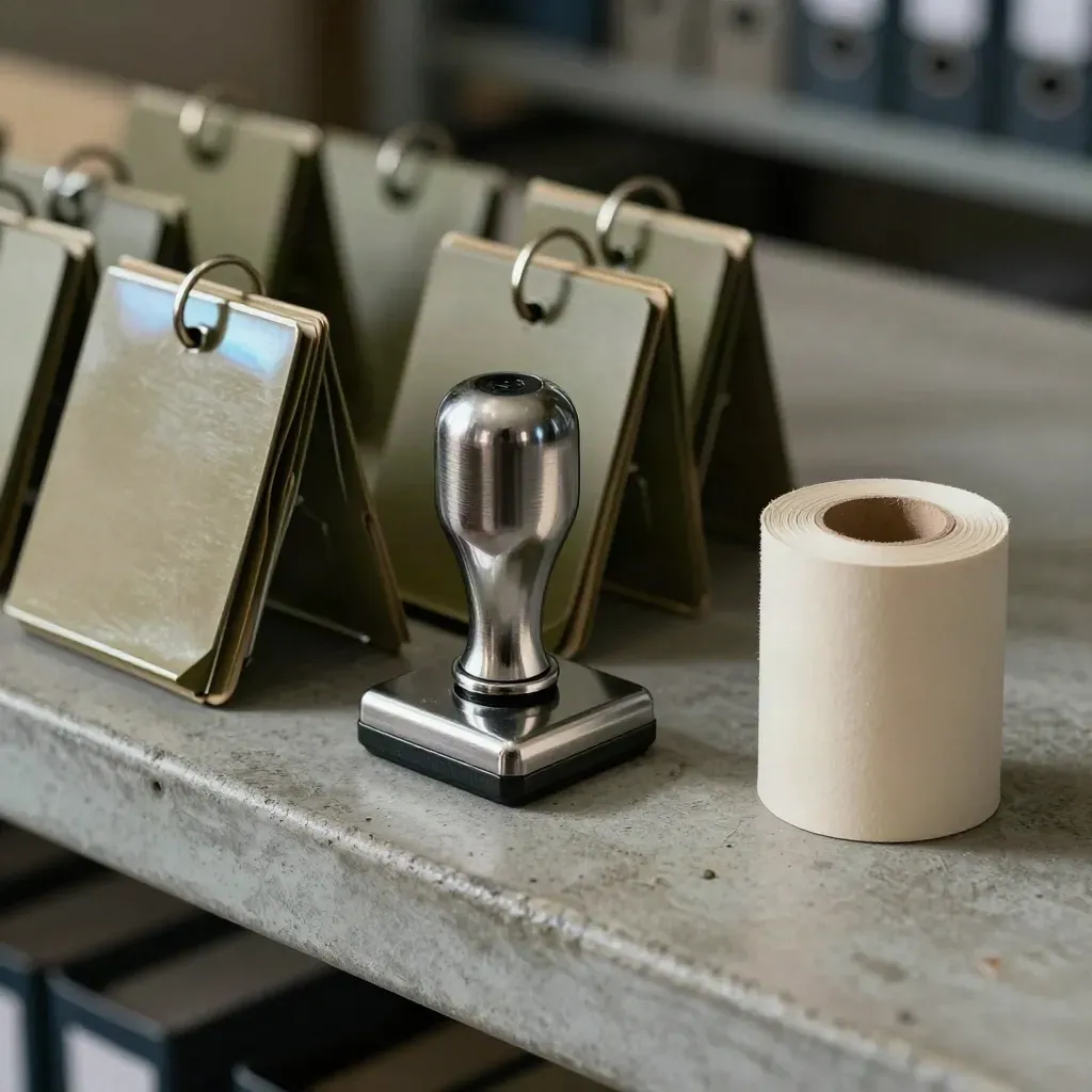 Macro still life of office binder tabs, a metal stamp base and printer roll core on concrete