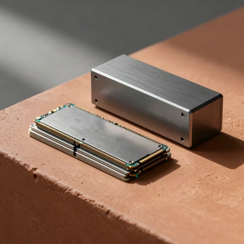 Macro still life of a search appliance shell, two SSD cartridges and etched spacers on terracotta clay.