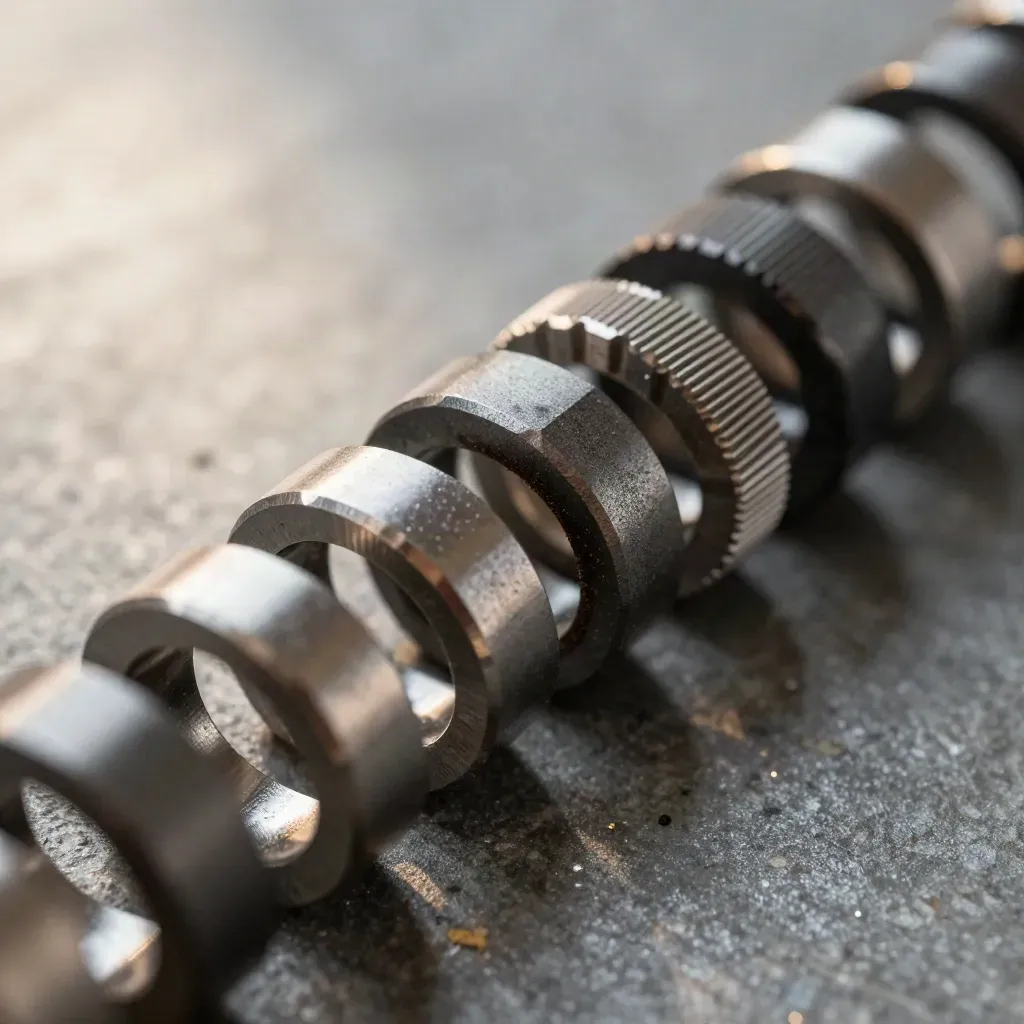 Macro of metal rings and precision blocks linked on graphite, lit by soft daylight.