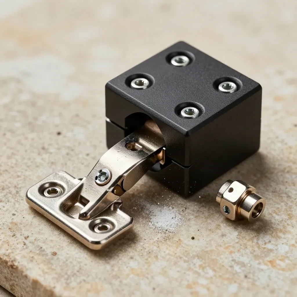 Macro still life of steel hinges, hex fasteners and a matte black modular block on warm stone.