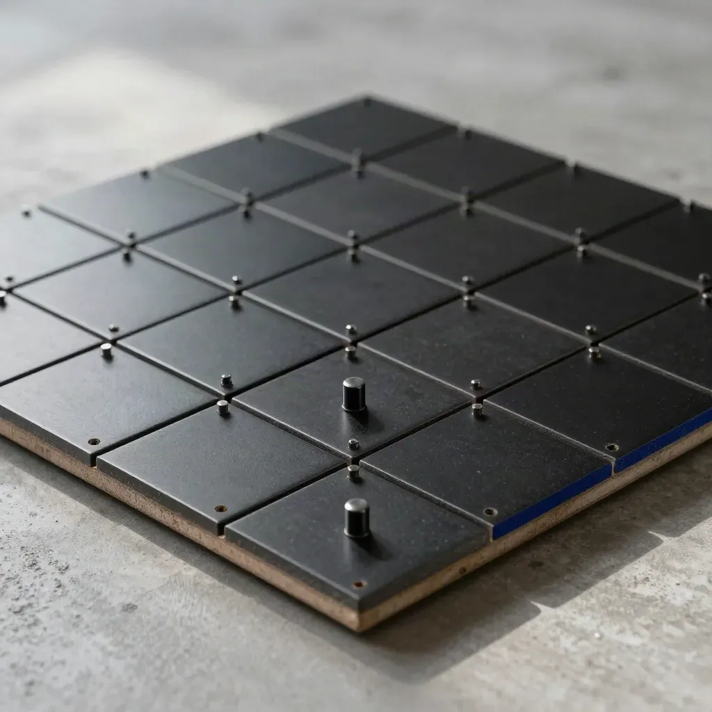 Modular black tiles with pins and a capped spacer post in a precise grid